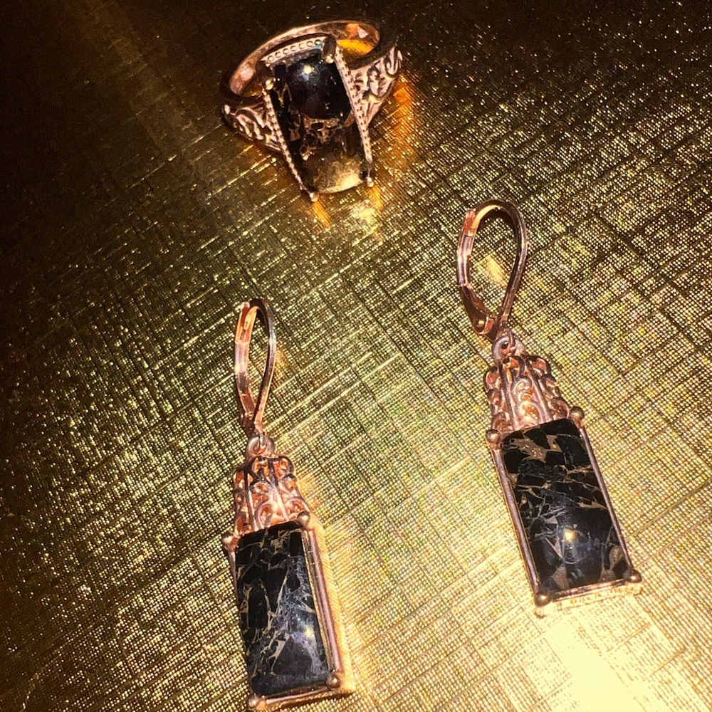 Shungite MATRIX NECKLACE-just added, RING & EARRINGS SET 14K Rose Gold/ Copper